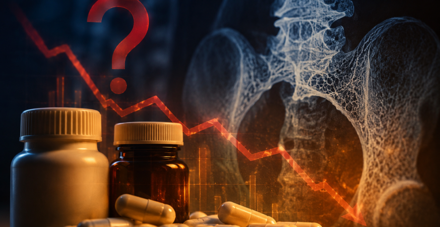 Alt text: Calcium supplements with a declining graph and bone X-ray.